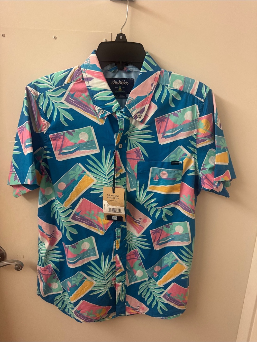 chubbies Teal Tropical Postcard Print Short-Sleeve Button-Up